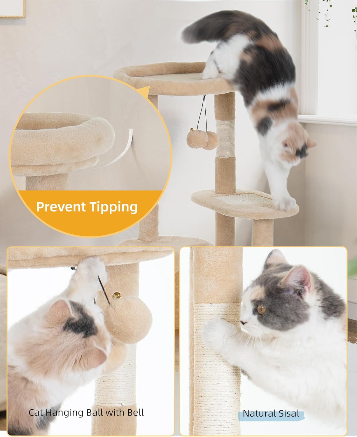 review Small Cat Tree Tower for Indoor with Cat Condo and Deep Hammock, Cat Tower with Nature Sisal Scratching Post & Hanging Balls for Kittens - Beige