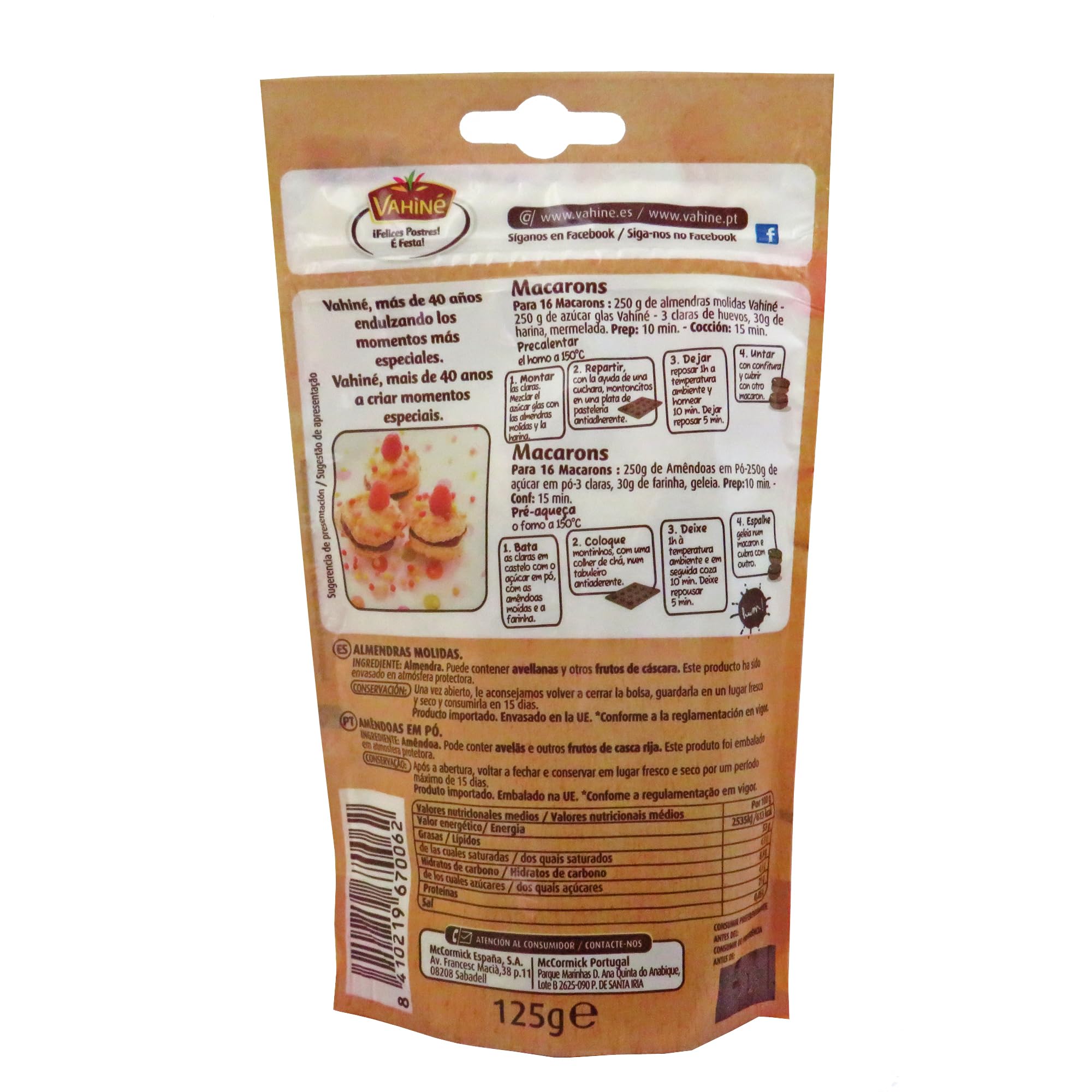 VAHINÉ - Pastelería - Almendras Molidas- Para Cremas Frangipanes, Masas de Tartas, Macarrones, y Bizcochos - 125g