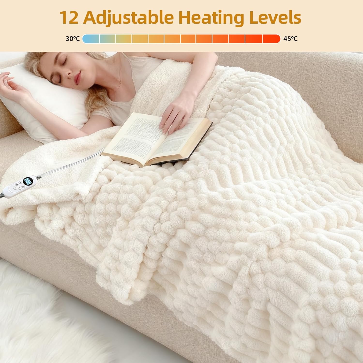 Heated Blanket Flannel Throw Blanket, 50"X 60" Electric Heating Blanket with ETL & FCC & 12 Heating Levels & Auto Shut Off，Machine Washable (Milky White) - Image 4