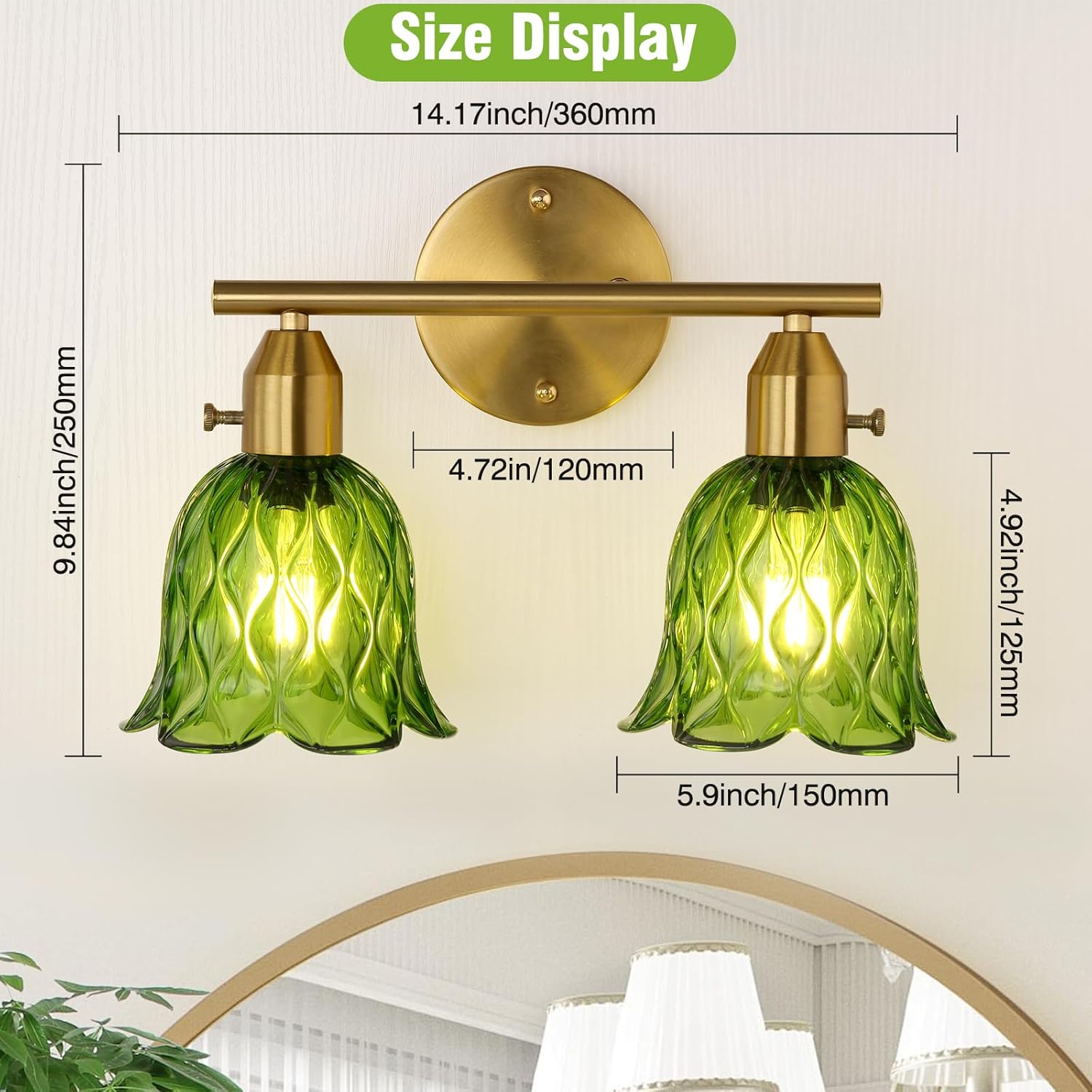 Vintage Bathroom Light Fixtures，2-Light Hardwired Vanity Lights Over Mirror, Brass Wall Sconces with Green Tulip Glass Shade for Bathroom Stairway Bedroom Living Room(Bulbs Not Included,E26 Socket)