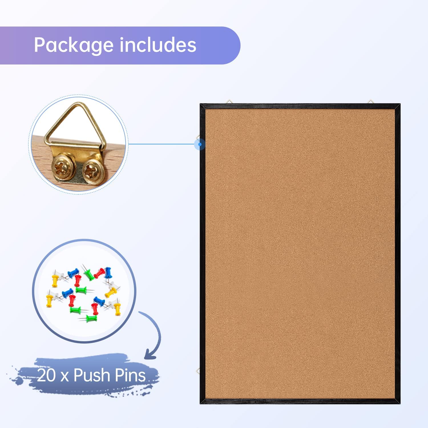 Cork Board Bulletin Board, 36" X 24“ Decorative Hanging Pin Board for Wall with Natural Wood Frame, 50 Push Pins Included