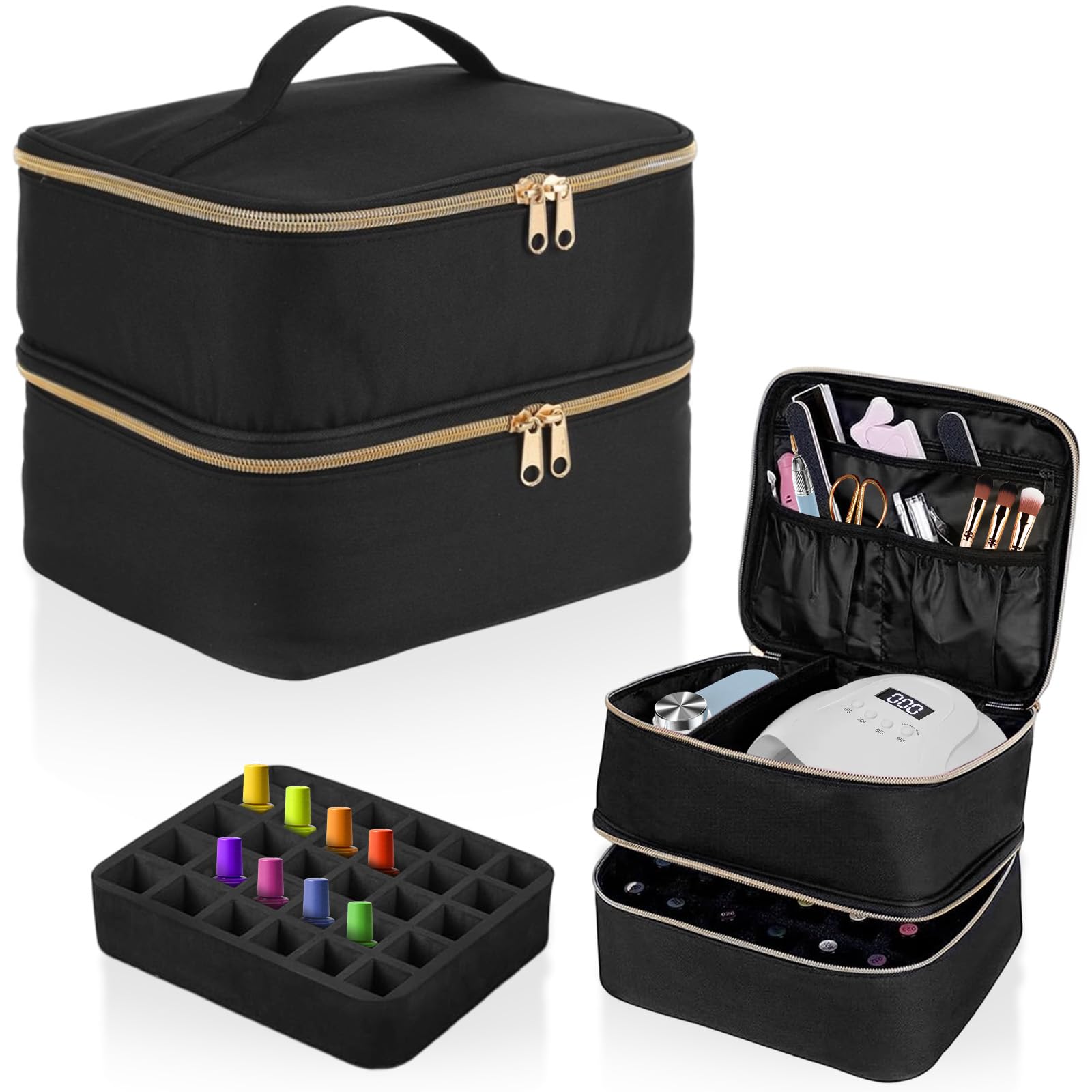 Porta Smalti Organizer Doppio Strato con Maniglie e Divisori Regolabili, Trousse da Viaggio Portatile Nera Capiente per Unghie 30 Flaconi, Pennelli Trucci, Rossetti e Prodotti Bellezza