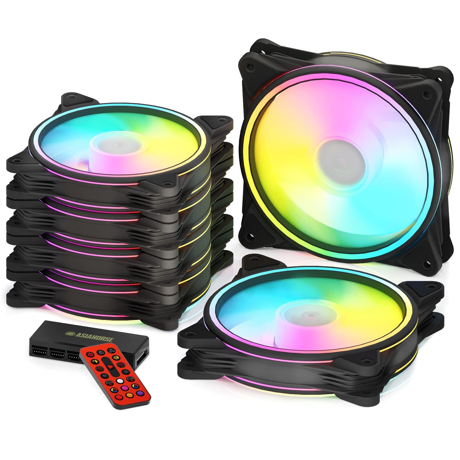 AsiaHorse PC 120MM RGB Lüfter, ARGB Gehäuselüfter mit Hub-Steuerung, 4 Rangen CPU Gehäuse Lüfter mit 24 Adressierbare LED, Computer Cooler Fan für Mainboard Aura Sync, 1500RPM, Schwarz, 6PACK