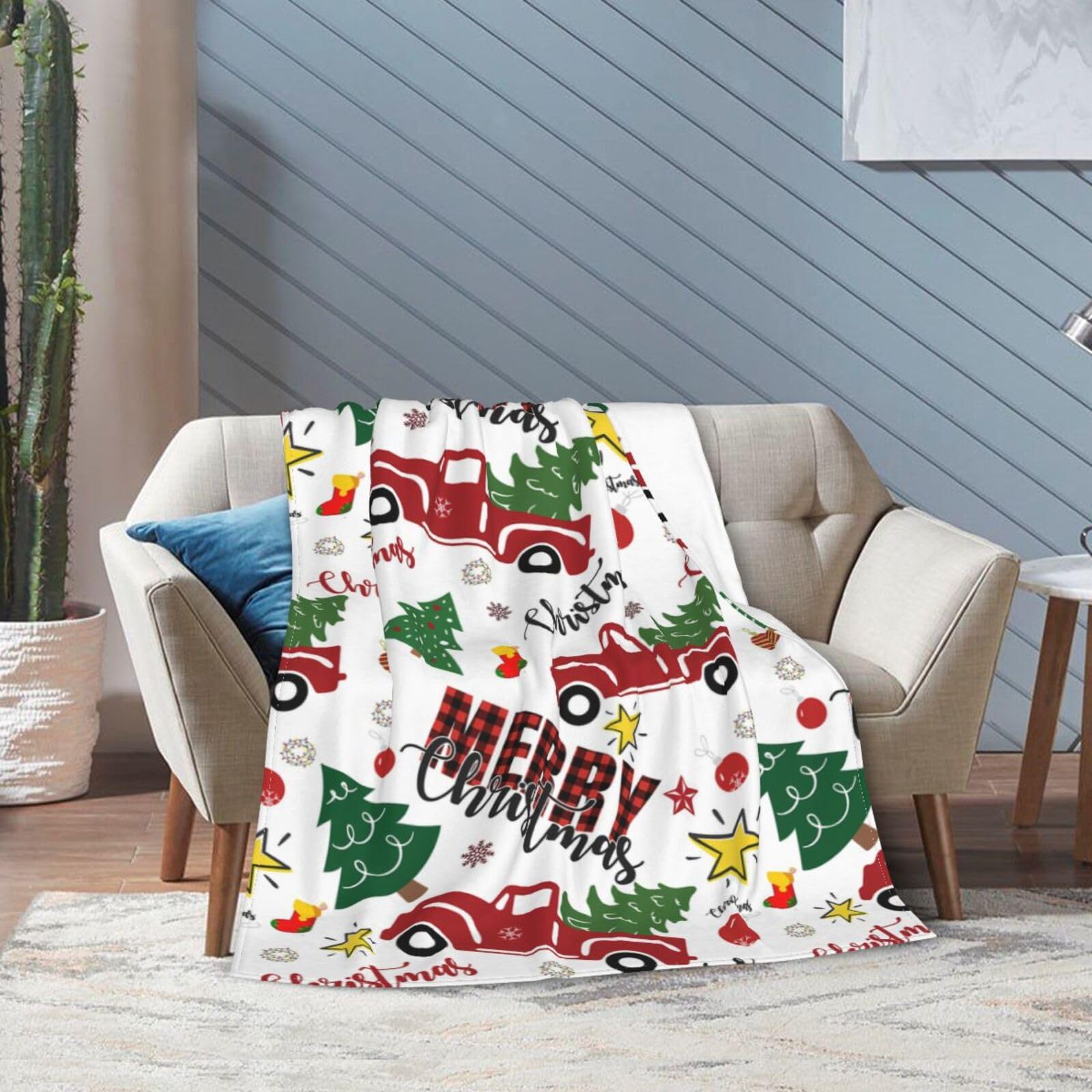 Weihnachtsdecke Mit Schneemann & Weihnachtsbaum – Flauschige Überwurfdecke (127x152 Cm, Rot-grün, Büffelkaro)