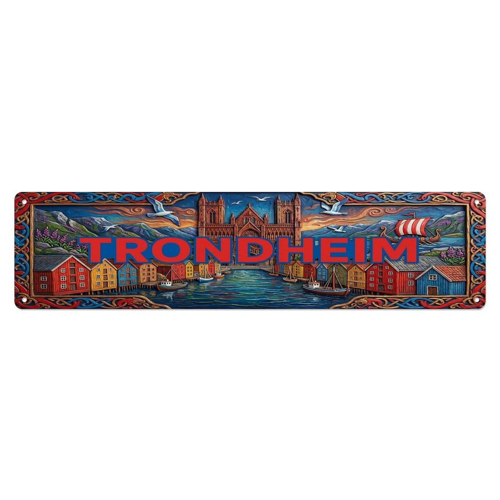 Cwbufd Vintage Style Vintage Trondheim Norway Flag Pattern Vintage Metal Tin Sign Plaque Wall Decor For Cafe, Club Bar, Office, Garden Metal Poster 4X16inch