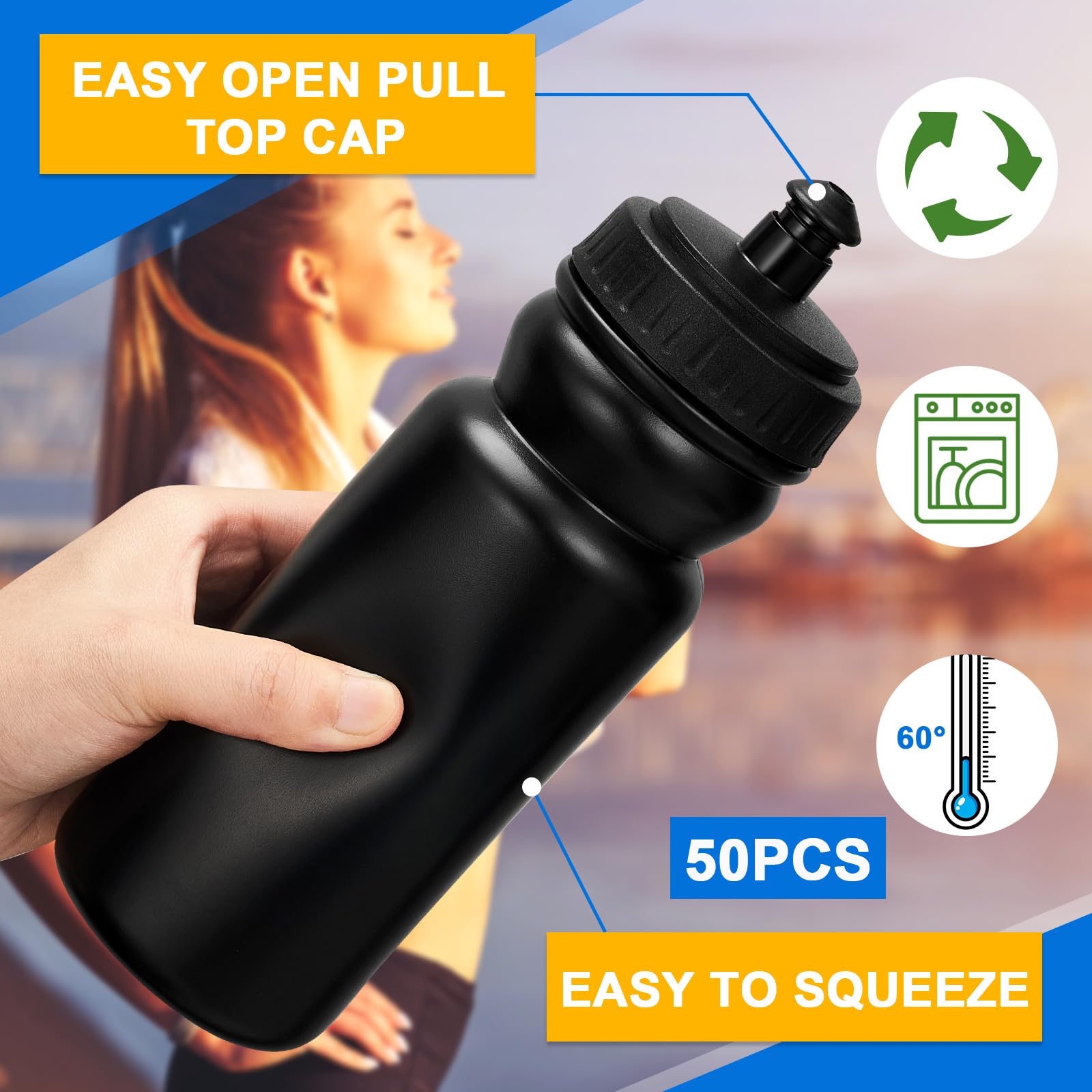 50 botellas de agua deportivas de 20 onzas, botellas de agua reutilizables a granel, botellas de agua de plástico sin BPA, botellas de agua en blanco para grandes eventos deportivos, niños, niñas y