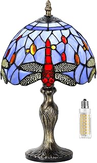 Table Lamp Stained Glass Crystal Bead Style Table Light, Handmade Desk Bedside Table Night Lamp, Antique Art Craft Gifts Lover Kid Living Room Bedroom Study Bookcase Desk Ligh(Blue Dragonfly)