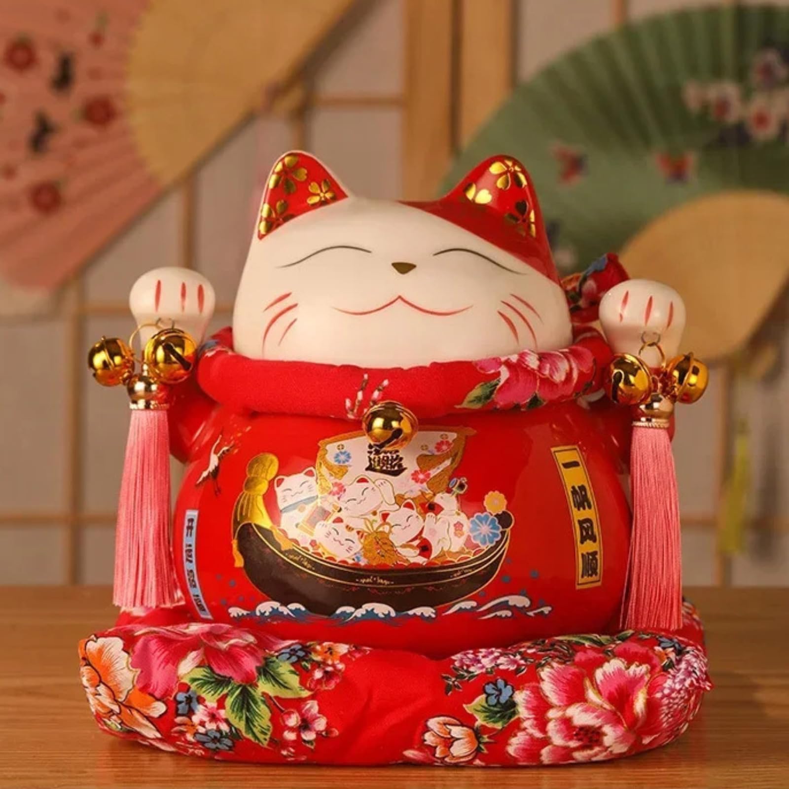 Statuette chat porte-bonheur de 19 cm en céramique d'art pour décoration Feng Shui chic