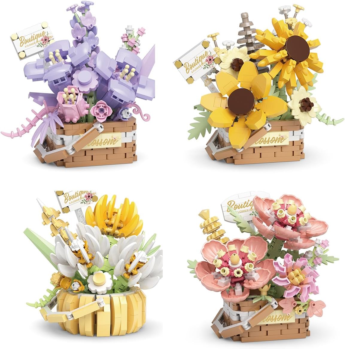 Insgen Miniature Flower Bouquet Building Blocks Set, DIY Bonsai Basket Kit, Artificial Flowers Botanical Collection Toys, Home Shelf Decor for Adults & Teens (4 Sets)