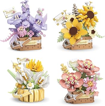Insgen Miniature Flower Bouquet Building Blocks Set, DIY Bonsai Basket Kit | Artificial Micro Flowers Botanical Collection Building Kits, Office Home Shelf Decor for Adults & Teens 4 Sets