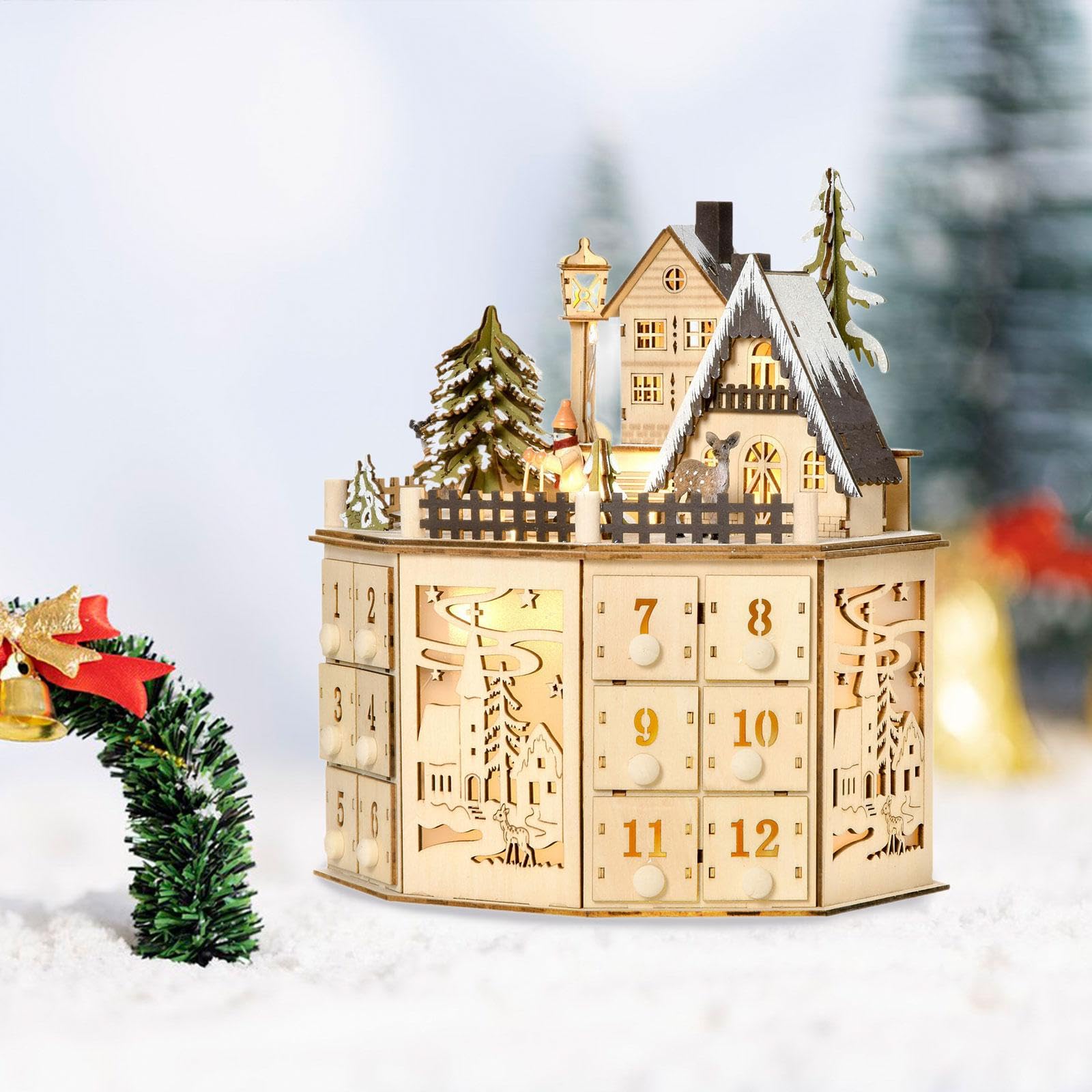 Fenteer Calendario de Adviento de Madera para Navidad Decoración Navideña Decoración LED para El Hogar