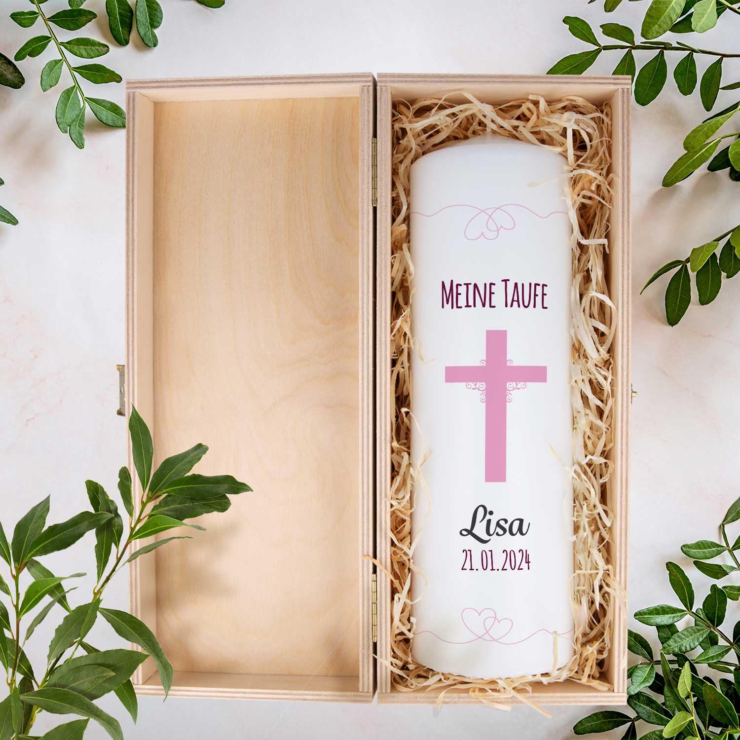GRAVURZEILE Candela per battesimo a forma di croce con nome, data e battesimo – Candela di alta qualità 250/80 mm stampata brillante – regalo di battesimo personalizzato per ragazze e ragazzi – colore