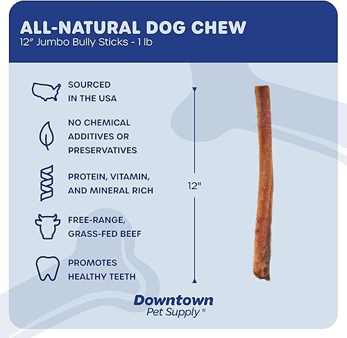 Miniatura 2 de Downtown Pet Supply Palitos masticables jumbo de 12 pulgadas, 1 libra, de origen estadounidense, para perros grandes, sin cuero crudo, de larga