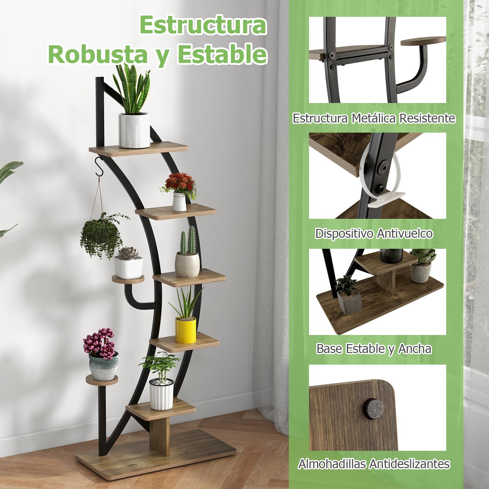 GOPLUS Soporte para Plantas de Metal de 7 Niveles, Estante de Exhibición con Forma de Media Luna, Gancho y Dispositivo Antivuelco, Estantería Curvada para Salón Dormitorio Balcón (Negro-2 Piezas)