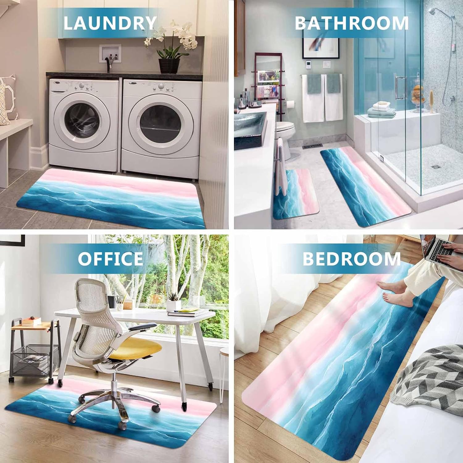 Prime Leader Blue Pink Ombre Kitchen Mat Set 2 Pieces Abstract Coastal Ocean Waves Gradient Non Slip Kitchen Rugs Washable Runner Rug Mats for Sink Laundry (19.7" x 31.5"+19.7" x 47.2")