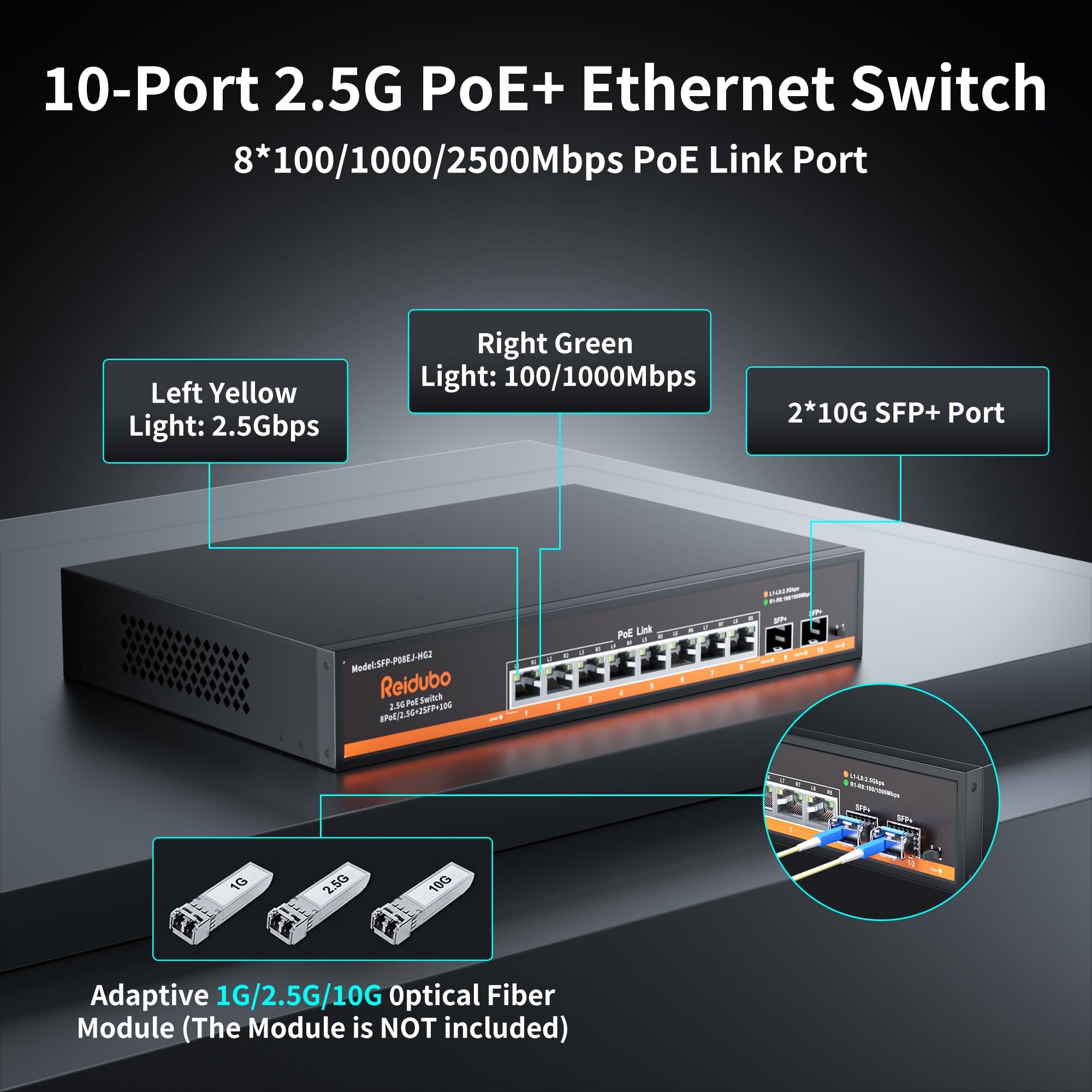 10-Port 2.5Gb PoE Switch Unmanaged, 2.5G Ethernet Switch with 8*2.5G PoE Ports and 2*10G SFP+ Uplink, IEEE802.3af/at, Compatible with 100/1000/2500Mbps for 2.5Gb NAS/PC, WiFi6 Router, Wireless AP