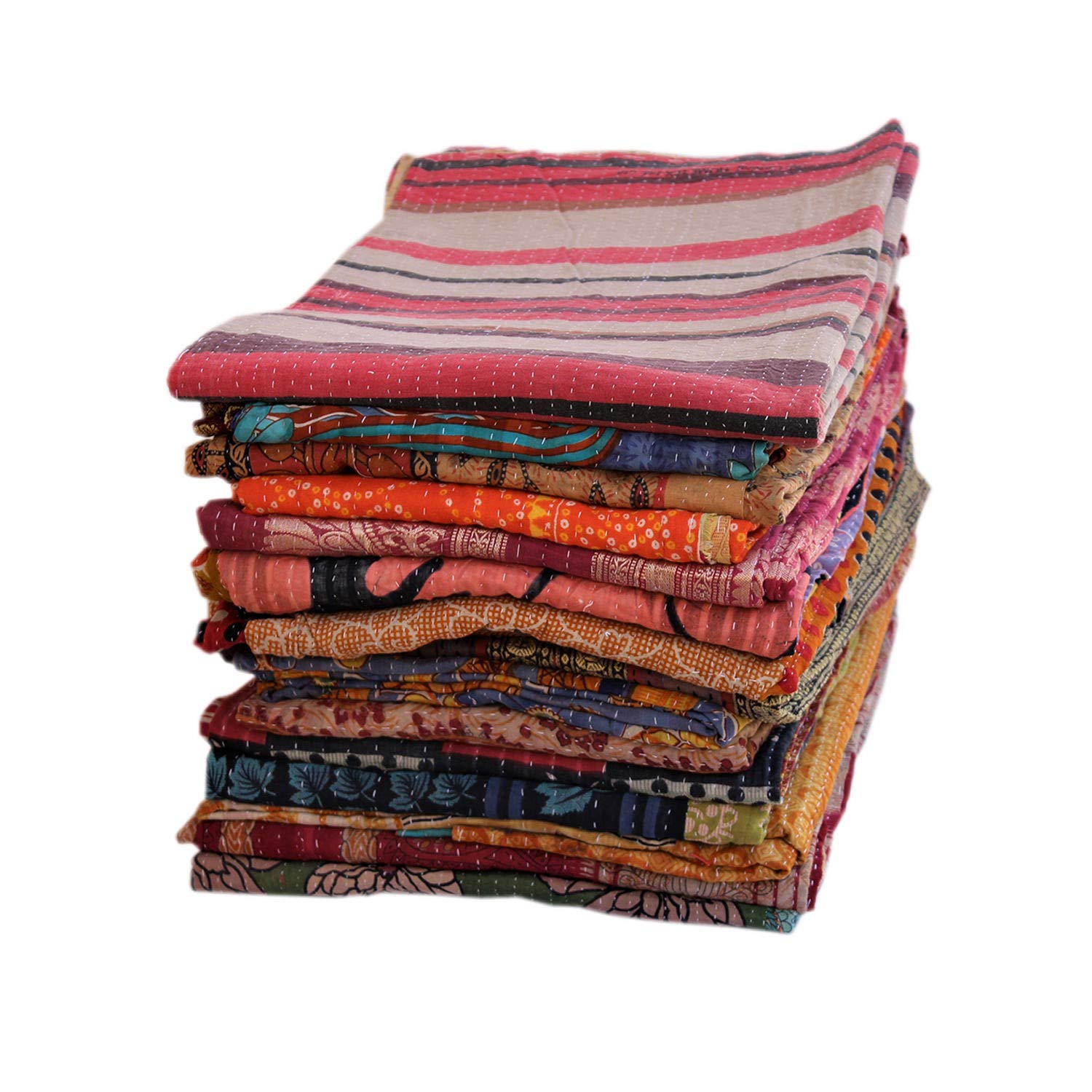 Wholesale Lot of Indian Vintage Cotton Kantha Quilt Handmade Throw Reversible Blanket Bedspread Tribal Coverlet Old Sari Made Rally Assorted Patches Fabric Bohemian Quilt- 10 PC
