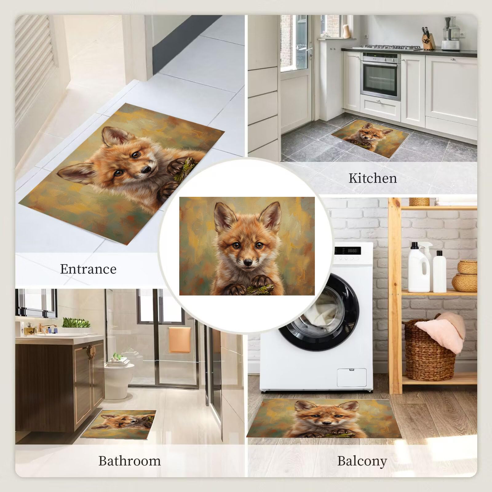 60X90Cm Zerbino Ingresso Interno Antiscivolo Assorbente, Tappeto Microfibra Sottile Lavabile Con Dipinti Ad Olio Realistici Animali Cuccioli Volpe Adorabili Per Cucina Bagno Porta Animali, Marrone