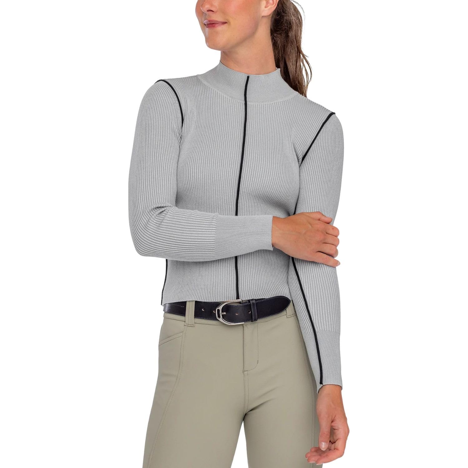 Kastel Denmark Dove Gray Ribbed Mock Neck Sweater for Women Soft Viscose Blend Stretch Fit Black Piping Detail