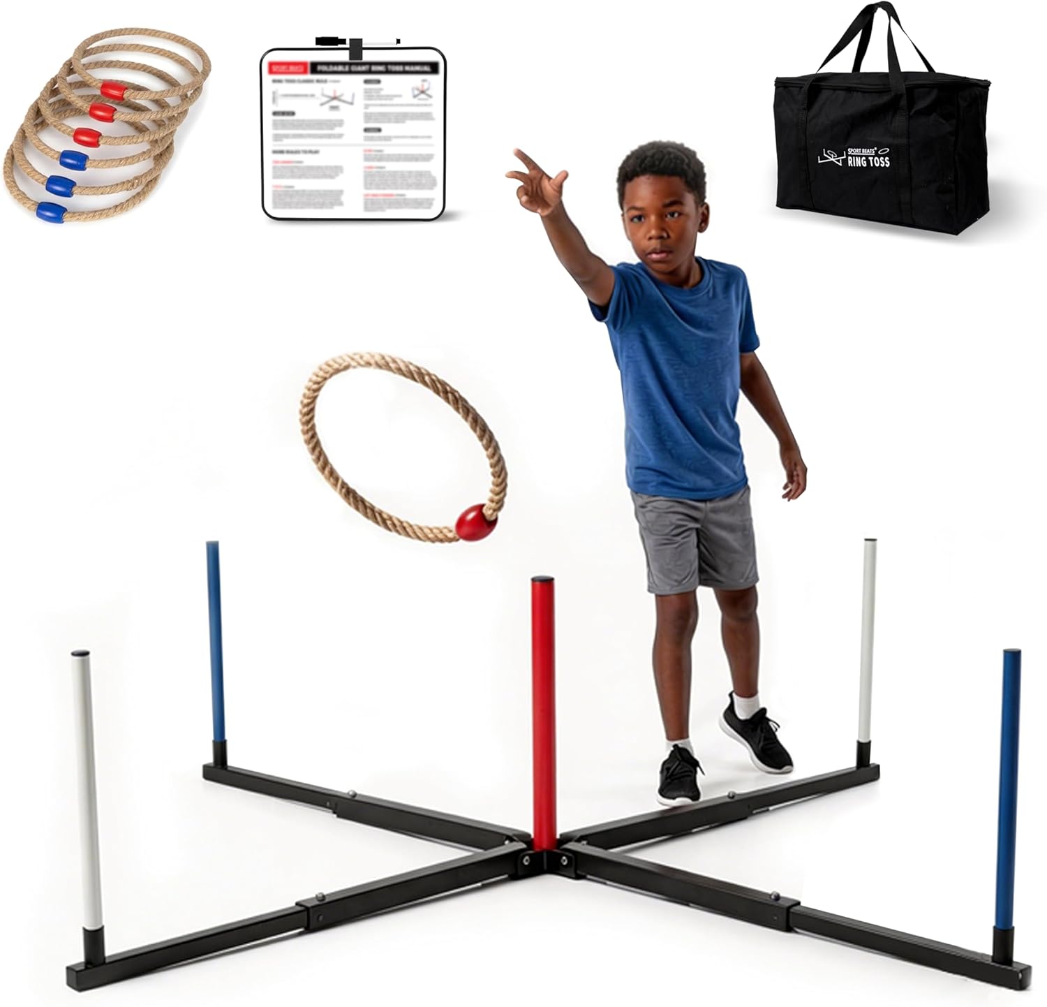 Giant Ring Toss Game for Adults & Kids - 48" Expandable Base with 10" Steel-Core Rings - Outdoor Backyard Lawn Games for Family Party, Camping & Tailgating - Scoreboard & Bag Included