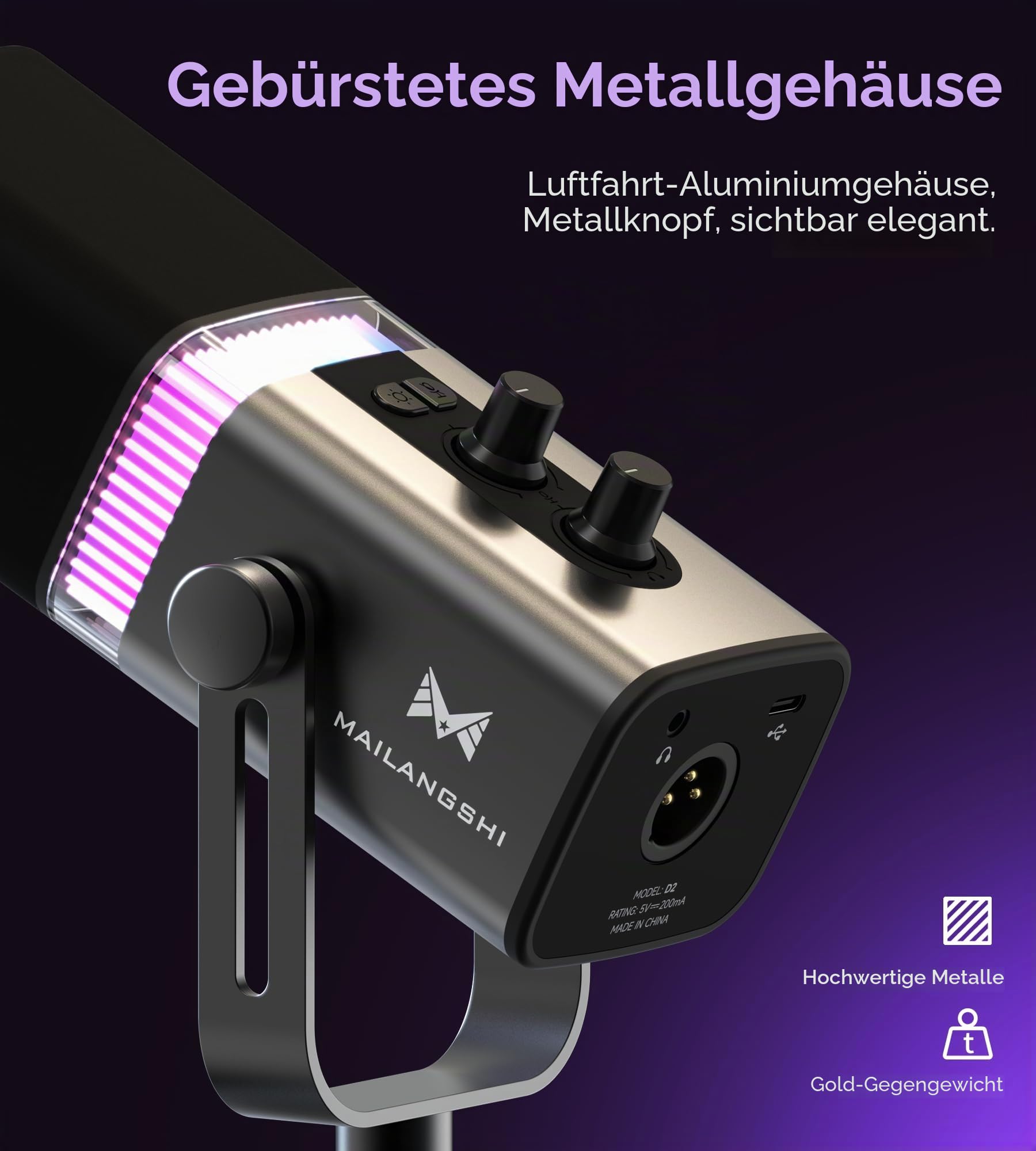 MAILANGSHI 192KHz/32bit Dynamic Podcast Mikrofon für PC, USB & XLR Mikrofon mit RGB, Stand, Stummschaltung, Vollmetall, Gain/Volume, Gaming Mikrofon für Livestreaming