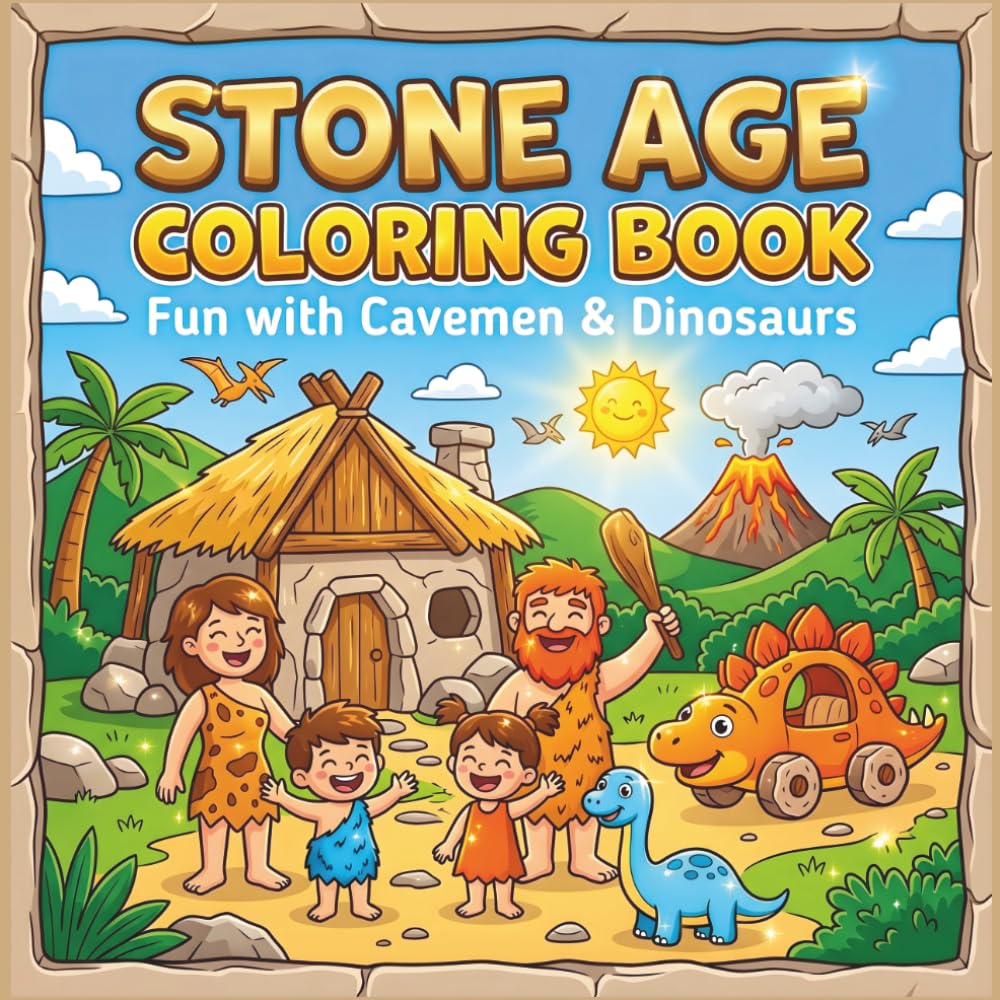 Stone Age Coloring Book for Kids: Fun with Cavemen & Dinosaurs | 50 Easy and Cute Coloring Pages for Kids Ages 3–8
