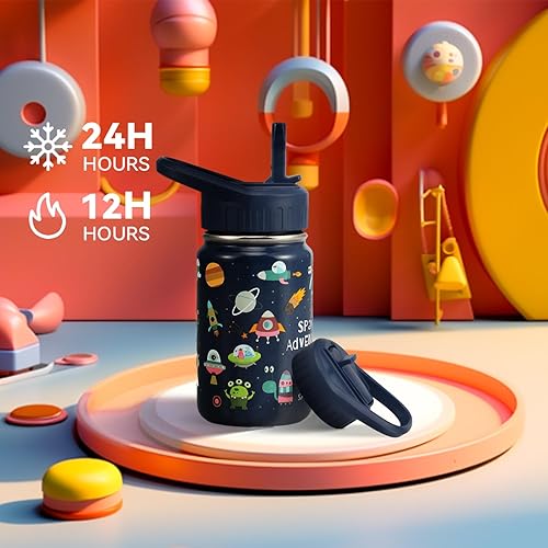 Miniatura 5 de SANTECO Botella de agua para niños para la escuela con tapa con pajilla, botella de agua aislada de acero inoxidable de 12 onzas para niños, a