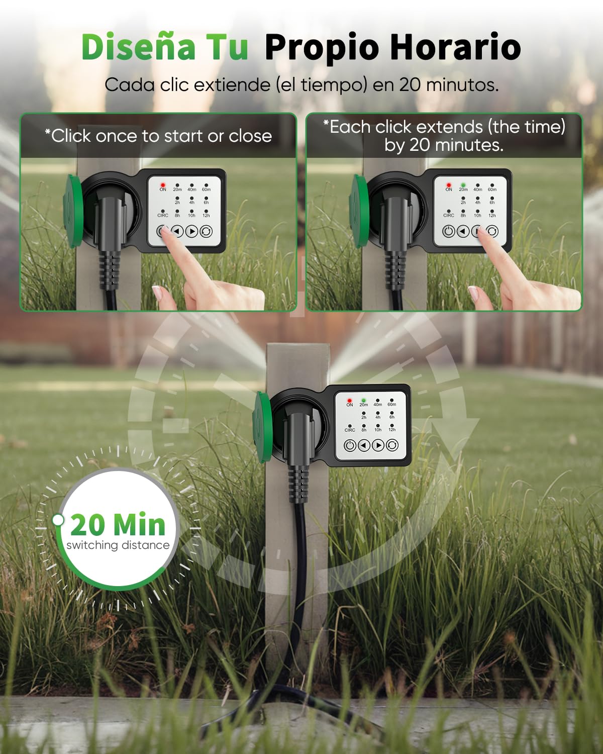 GreenSun Temporizador para Exteriores - Enchufe para Exteriores Temporizador Programador Enchufe programable 24 Horas 16A 230V IP44 Verde