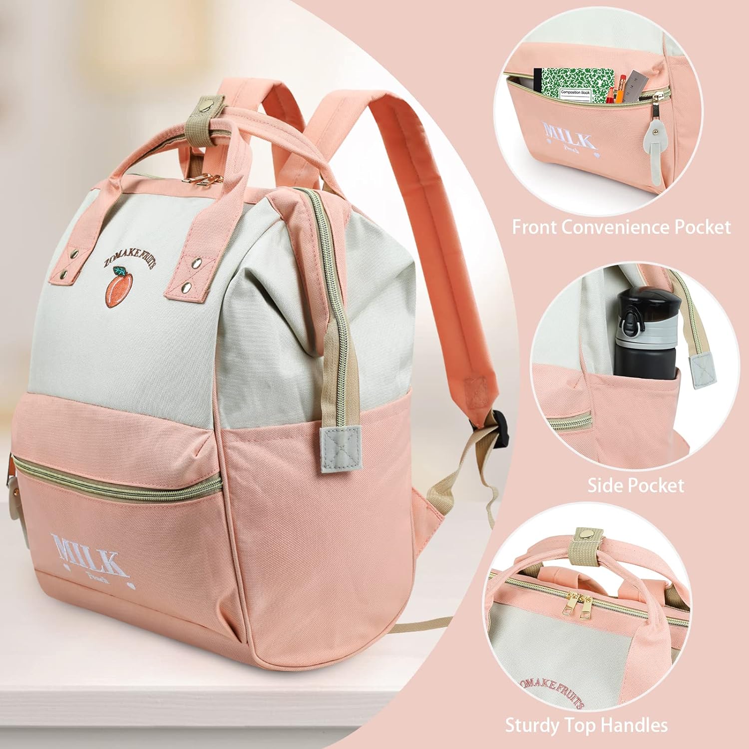 ZOMAKE 15.6 Inch Travel Laptop Backpack for Women Men - Anti Theft Water Resistant Bag Daypack - Computer Bag Business Work Cute Backpacks(Peach) - Image 3