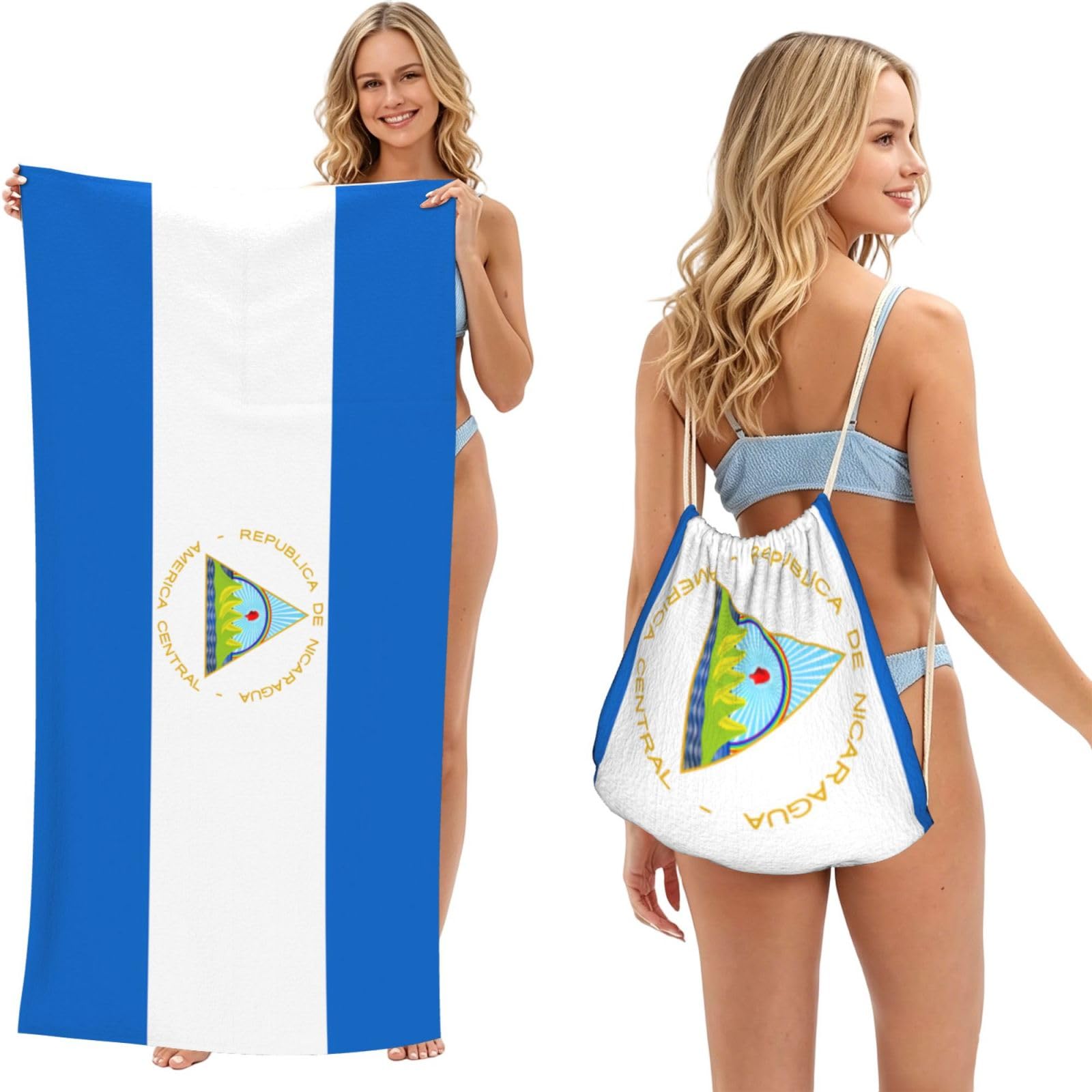 SXZVVBN Flag of Nicaragua 2-in-1 Beach Towel Bag, Quick Dry Sand Free Travel Towel Backpack for Adults