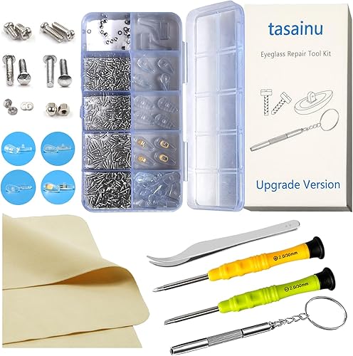 Tasainu Kit de reparación de lentes, kit de herramientas de reparación viene con 520 tornillos para lentes, 16 pares de almohadillas para la nariz,