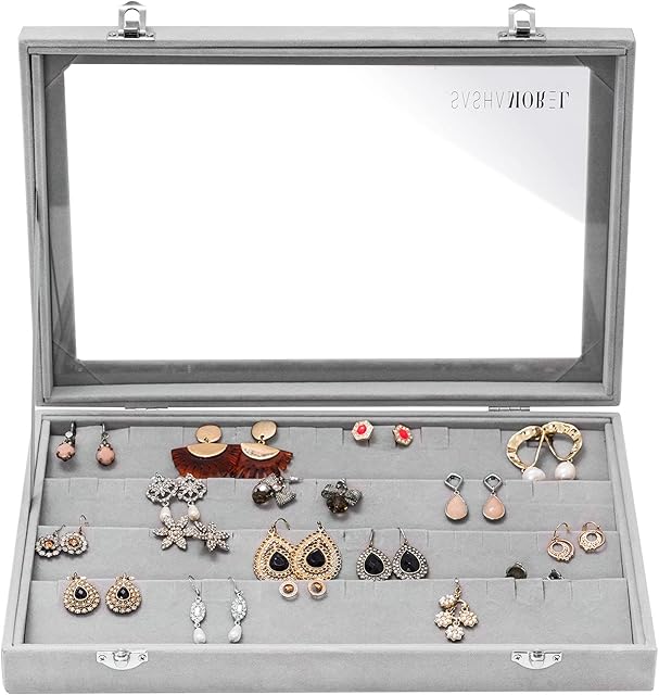 Sasha Morel Earrings Organiser, Velvet Clear Lid Earring Holder & 32 Pairs Earrings Storage Box, Jewellery Boxes Display Showcase Case Lockable