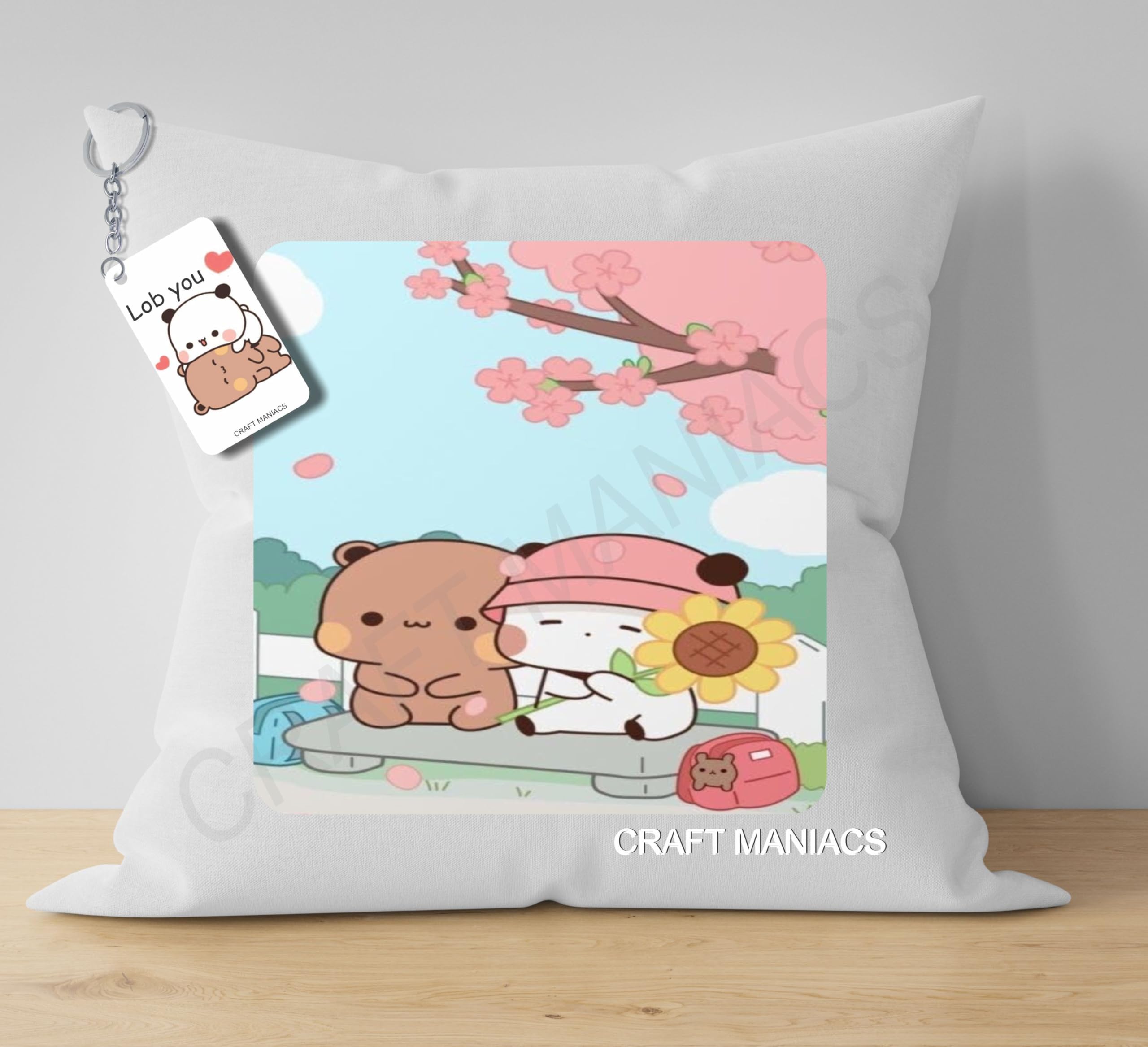 Bubu Dudu Under The Tree Pillow Keychain Combo : A 16 * 16 Pillow with Filler Inside & Free Wooden MDF Keychain-image-26