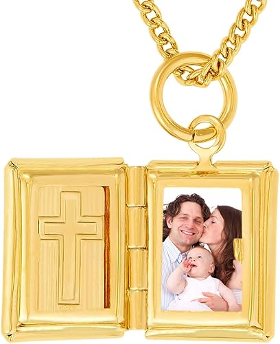 Miniatura 6 de LIFETIME JEWELRY Collar con medallón bíblico que sostiene fotos con 20 veces más chapado de 24 quilates que otros medallones de fotos, collar con