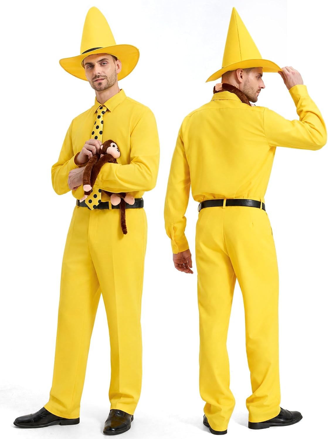 Men Yellow Hat Costume 6PCS Adult Suit with Plush Monkey for Halloween