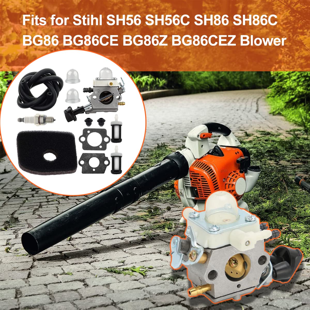 ZAMDOE Carburateur pour Stihl SH56 SH56C SH86 SH86C BG86 BG86CE BG86Z BG86CEZ souffleur remplace C1M-S261B 42411200616 4241 120 0616, avec filtre à air, bougie d'allumage, filtre à carburant