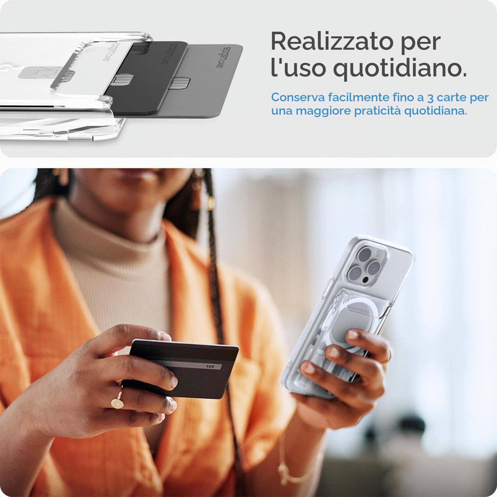 Spigen Ultra Hybrid MagFit Portafoglio MagSafe Wallet Magnetico Portacarte Compatibile con iPhone 17/16/15/14/13/12 Modelle - Trasparente
