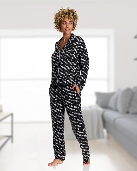 bebe Button Down Pajamas for Women, Long Sleeve Button Up Pajamas with Pants, Ladies Sleepwear PJ Set