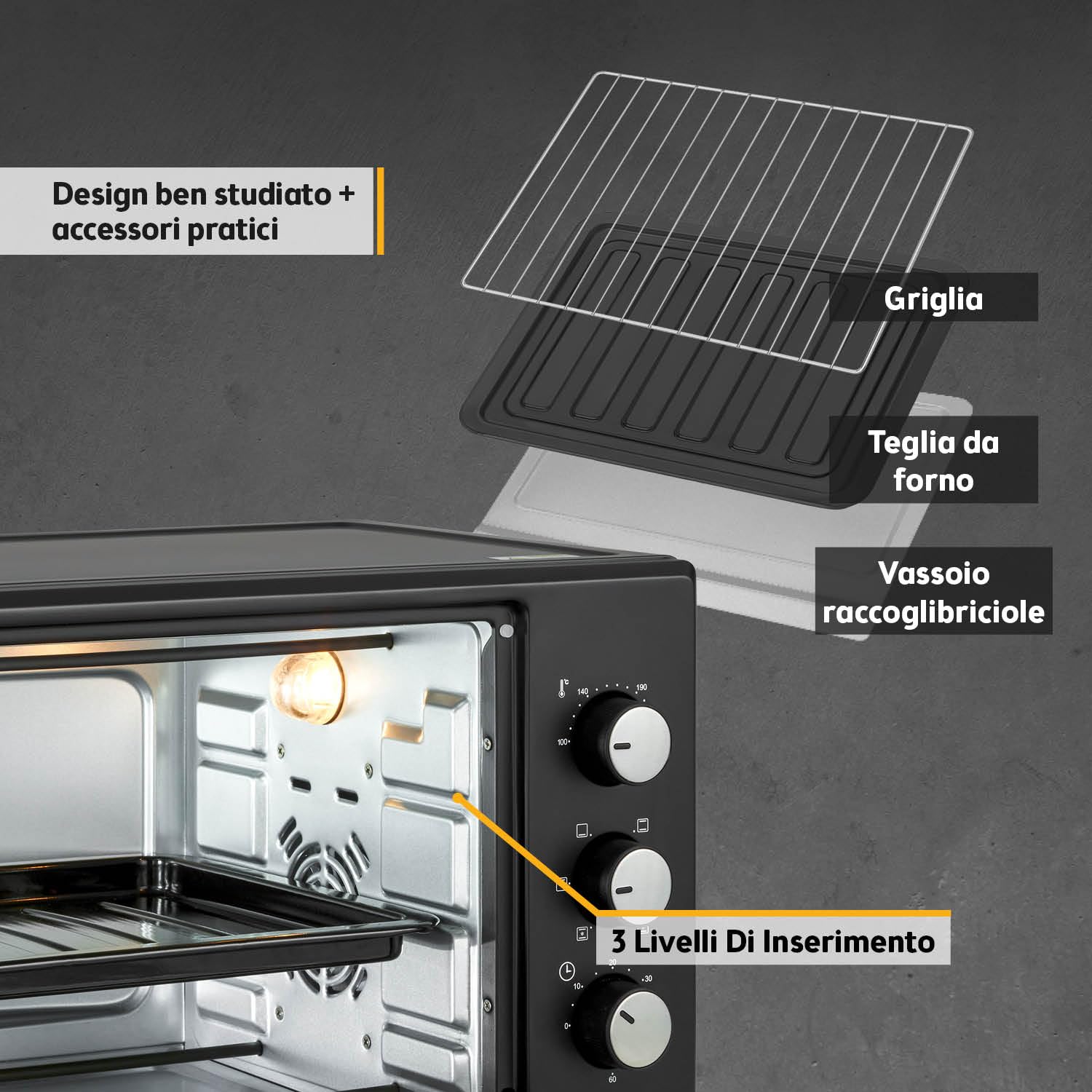 TZS First Austria - Mini Forno 30L 1600W - Fornetto con regolazione della temperatura fino a 230°C - Con timer di 60 min, 3 altezze di inserimento, teglia e griglia - Per cucine piccole e campeggio