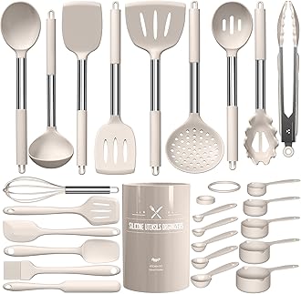 Large Silicone Kitchen Utensils Set, Umite Chef Heat Resistant Cooking Utensil with Stainless Steel Handle, Spatula, Spoon, Khaki Silicone Cooking Utensil for Nonstick Cookware, Dishwasher Safe