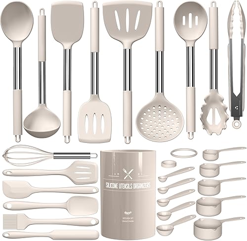 Umite Chef - Juego de utensilios de cocina de silicona grande, resistente al calor con mango de acero inoxidable, espátula, cuchara, utensilio de