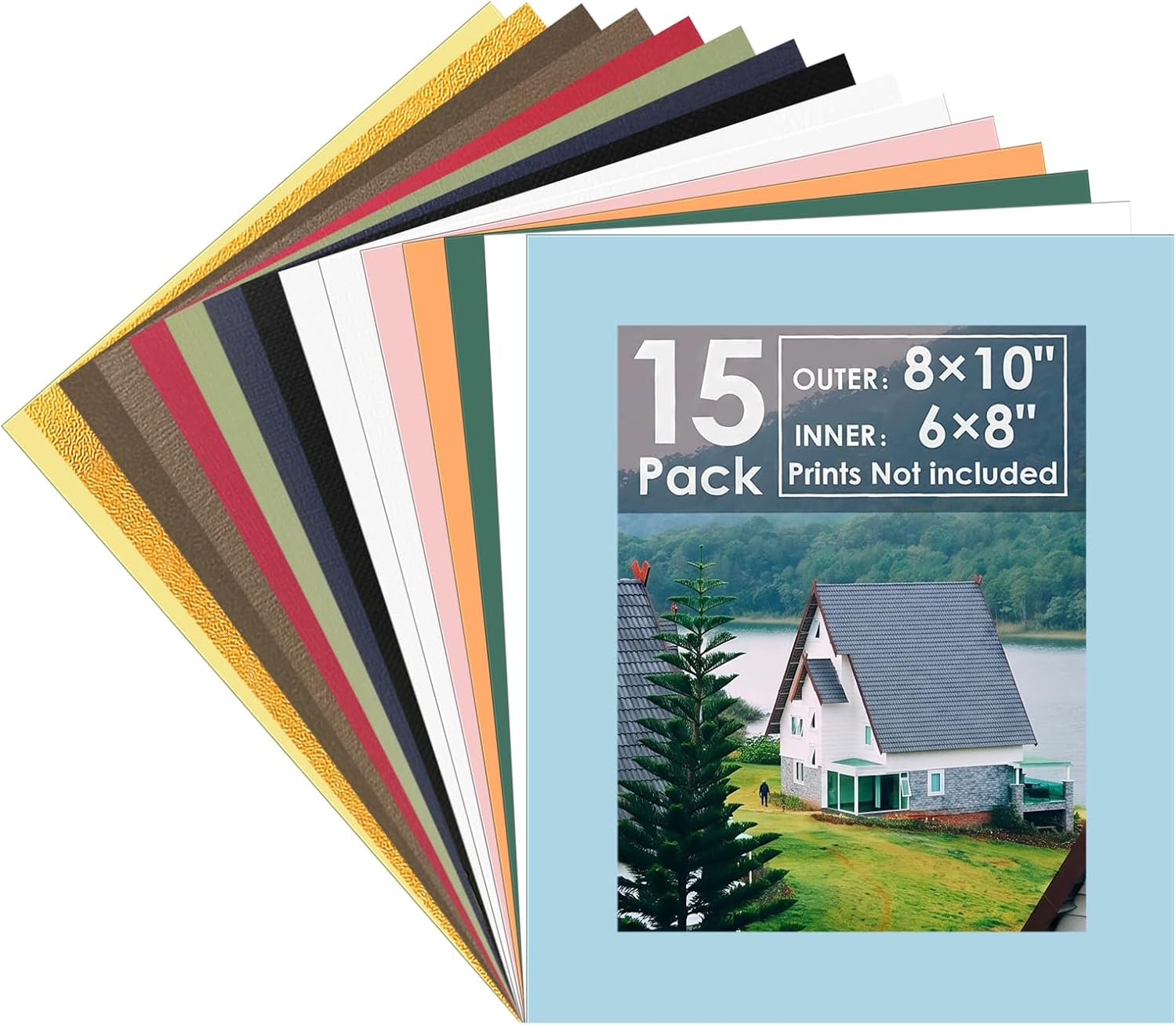 15 Pack Picture Mats, 8x10 for 6x8 Picture Frame Mats, Acid Free Core Bevel Cut Picture Frame Mattes for Photos Artworks Prints (15Pcs-Mix Color)