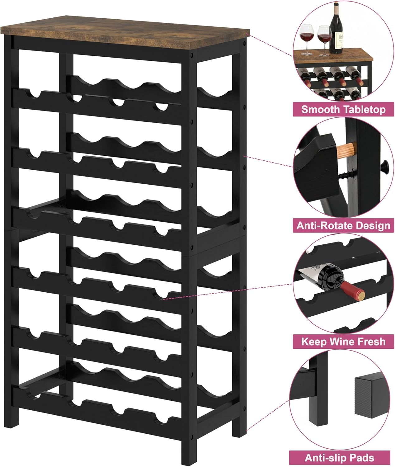 MOGELAFOO 6 Tier Bamboo Wine Rack Freestanding Floor, 24 Bottles Wine Storage Shelves with Table Top, Stackable Wine Display Rack for Kitchen, Bar, Dining Room, Rustic Brown and Black image 4