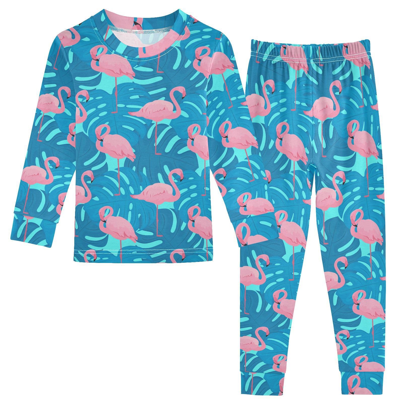 JHKKU Flamingo Tropical Leaf Pajamas Set Cotton 2 Piece Soft Comfy Pjs Long Sleeve Lounge Sleepwear 8Y