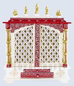 LOYALCRFAT Wooden Temple Large Size 24x12x30 Home Temple/Home mandir/god Stand for Home/Pooja Stand/Home mandap/mandapam/Pooja mandir with Doors (Large 24x12x30 WxDxH INCH, White red Golden)
