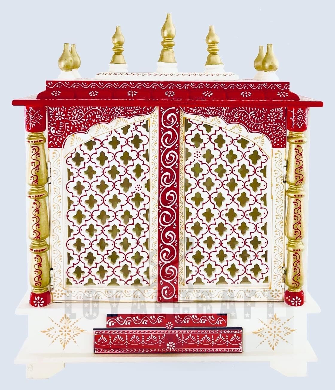 Wooden Temple/Home mandir/god Stand for/Pooja Stand/mandap/mandapam/Pooja mandir with Doors (Large 24x12x30 WxDxH INCH, White red Golden)