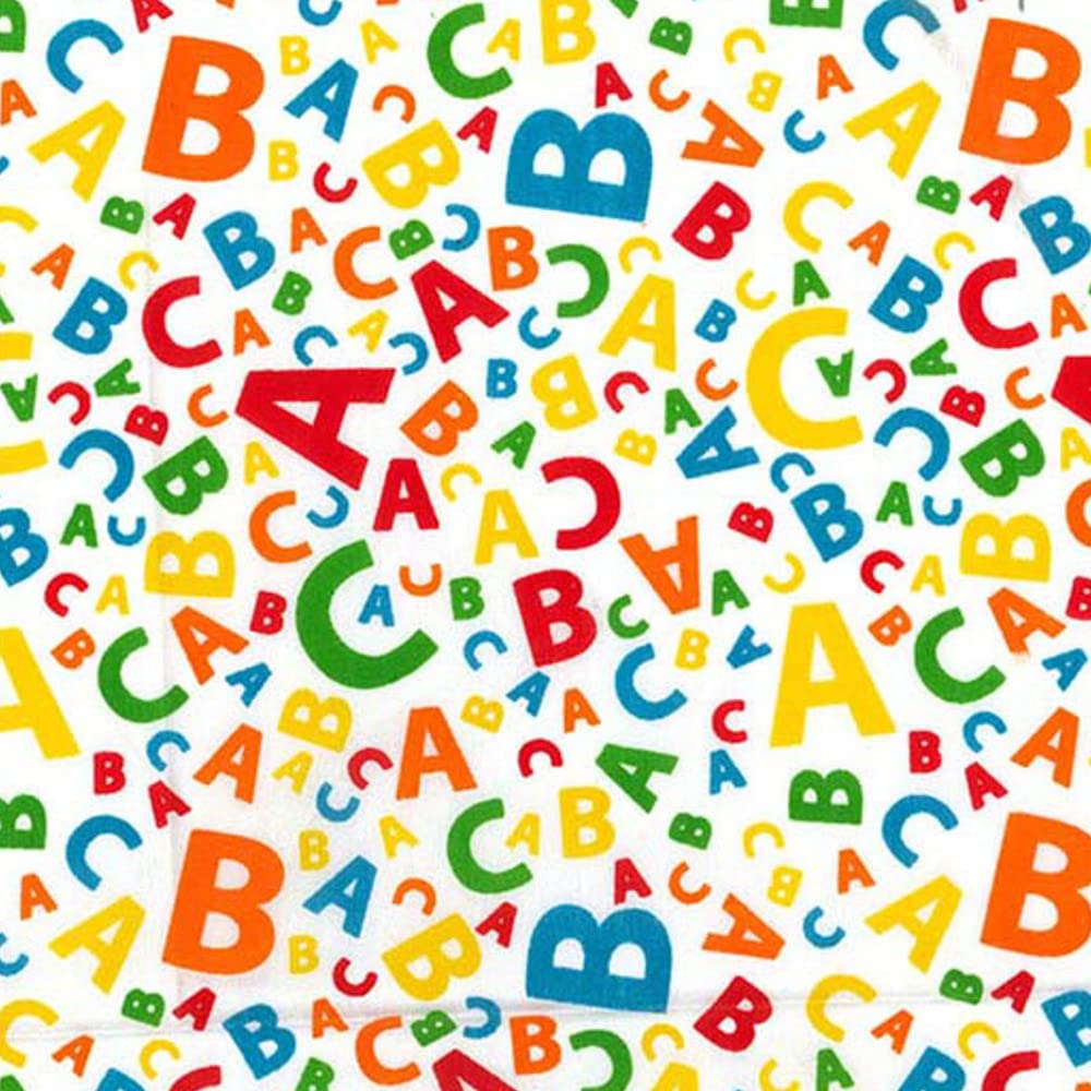 Oh Sew Crafty Limited White Polycotton Fabric Tossed Alphabet Letters Nursery Kids Childrens (Per Metre) (White)