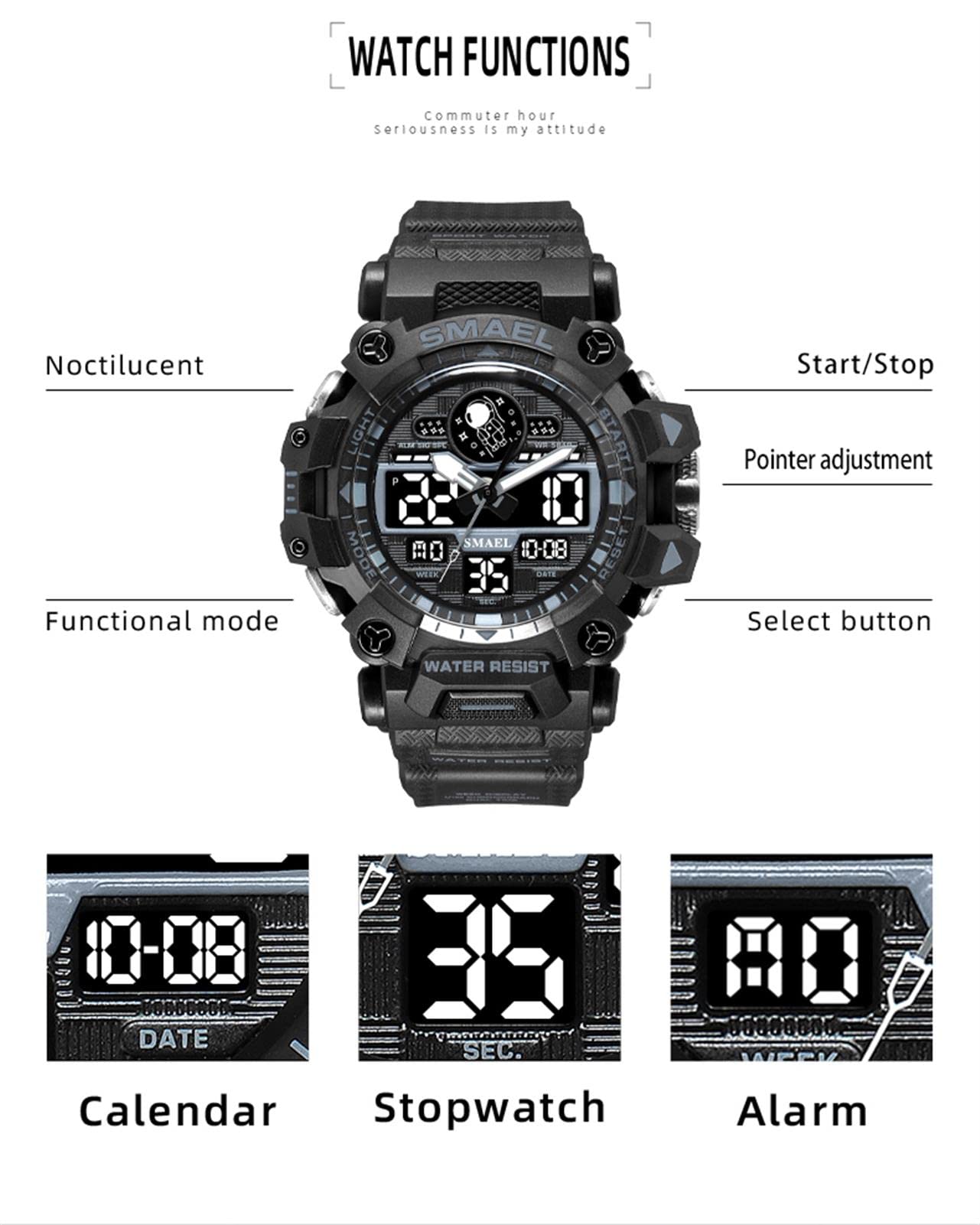 Montre Sport Homme Digitale Etanche 5 Bar avec Chronographe Alarme LED Eclairage Date-Montres avec Bracelet en Silicone