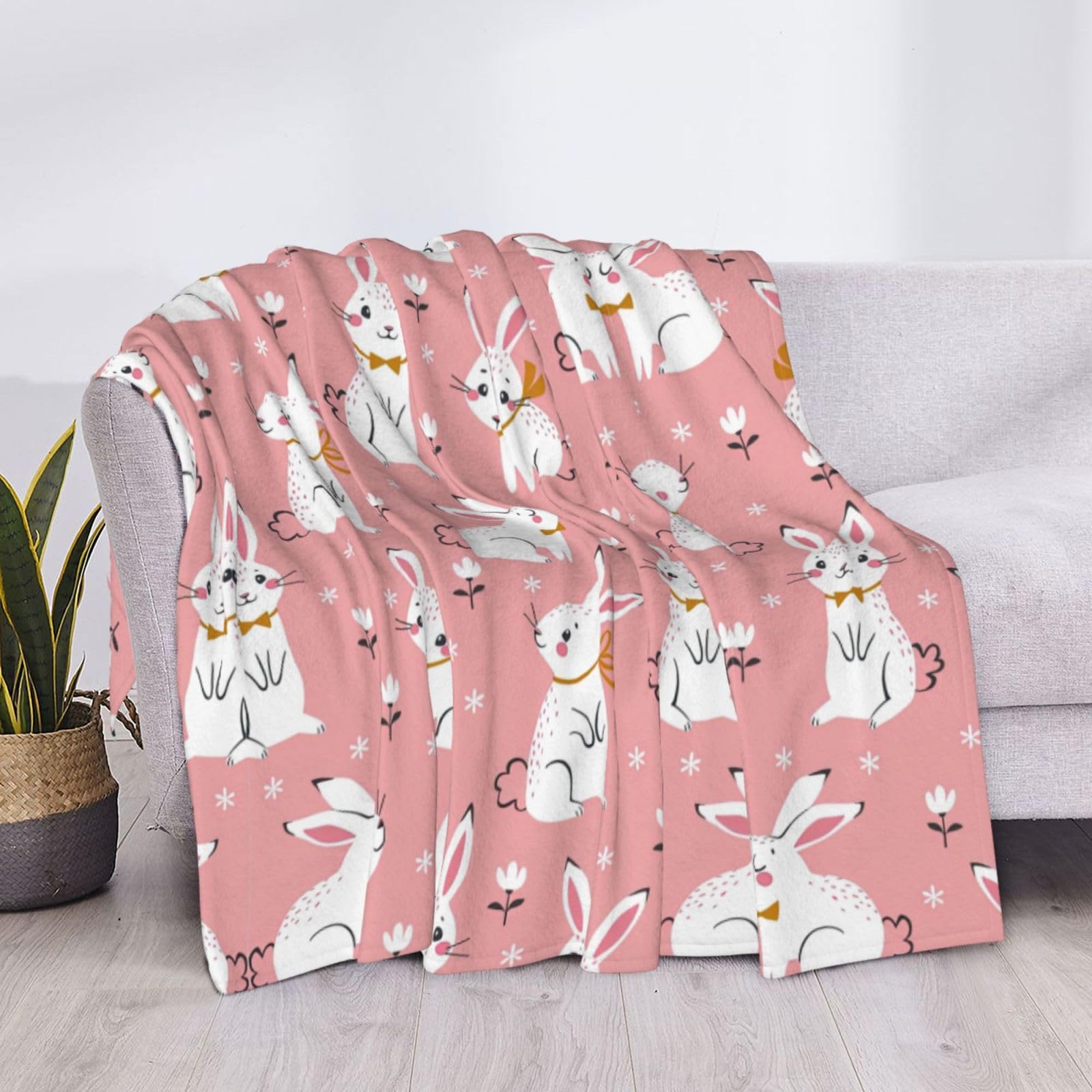 Manta grande de franela suave y acogedora de 80 x 60 pulgadas, bonito estampado de conejo blanco, ligera y cálida para cama, sofá, sofá y viajes