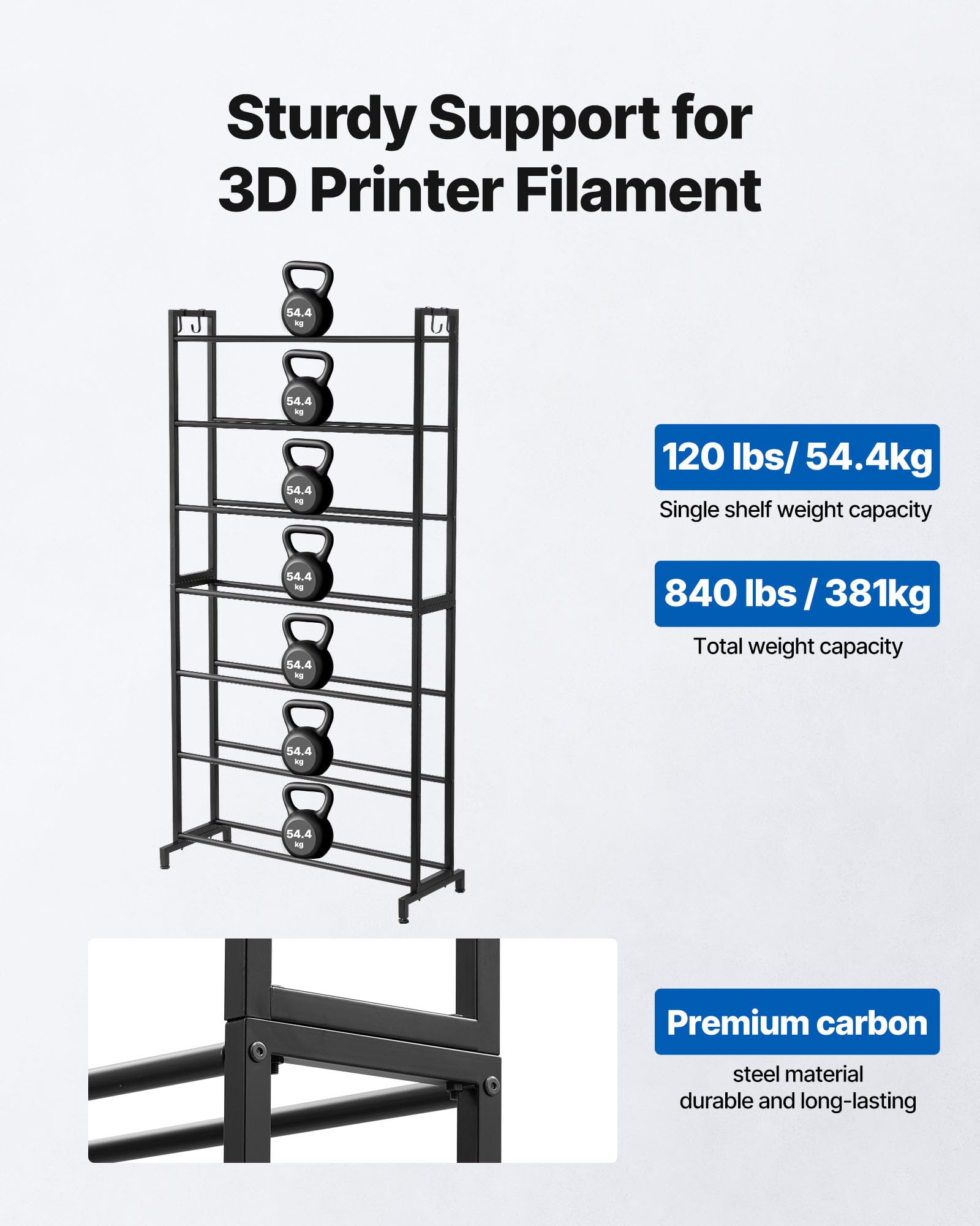 VEVOR Filament Lagerregal für 3D-Drucker, 7 Ebenen, Filamentspulenhalter, 840 x 320 x 1650 mm, Tragkraft 54,4 kg pro Ebene, 3D-Druckerzubehör für 3D-Druckstudio, Werkstatt, Schwarz